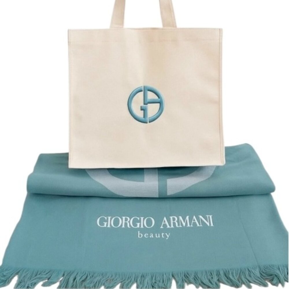 Giorgio Armani Beach Towel &Tote Set,Green Cotton Towel with Cream Bag,Boxed,NEW